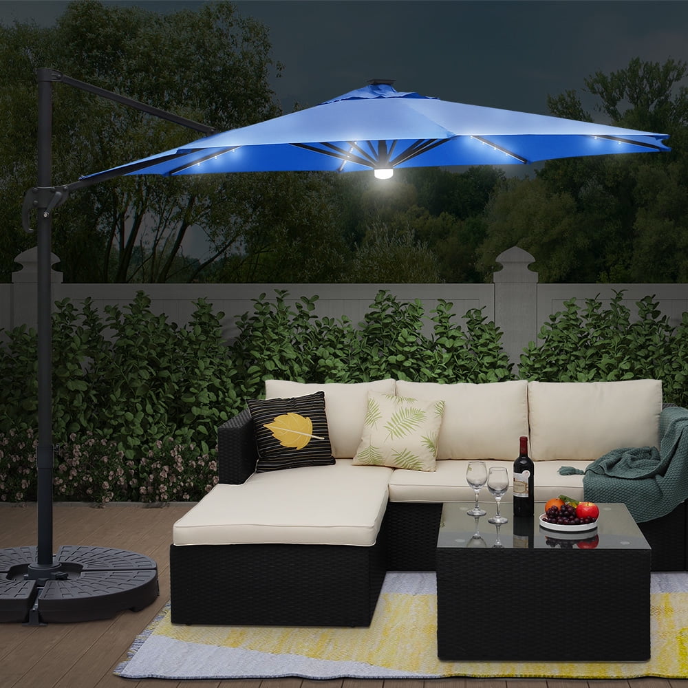 Abble 120" Navy Solid Print Octagon Cantilever Patio Umbrella with Solar Powered LED Lights
