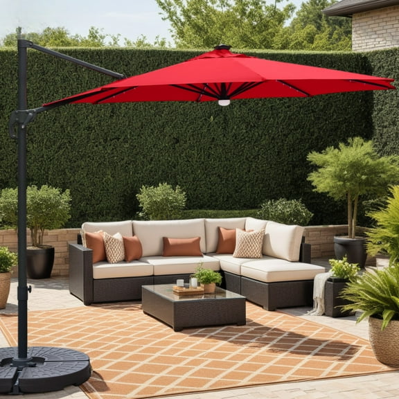 Premium 10 Feet Cantilever Patio Umbrella with Solar Powered LED Lights, Cranberry Red