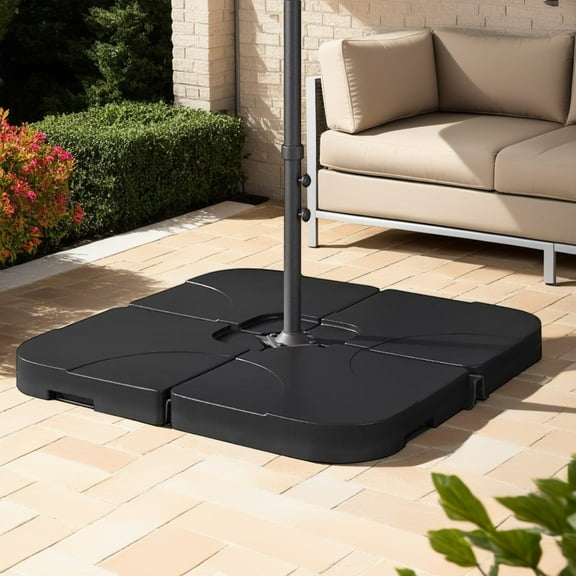 Abble 130 lbs Outdoor Cantilever Umbrella Base, 4-Piece Square Offset Umbrella Stand Plate Set,  Water and Sand Fillable, HDPE in Black
