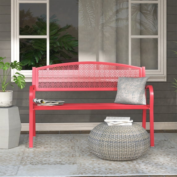 Abble High Back Outdoor Metal Garden Bench Steel Slat Patio Loveseat Park Bench for Porch Yard Lawn Patio Bench, Red
