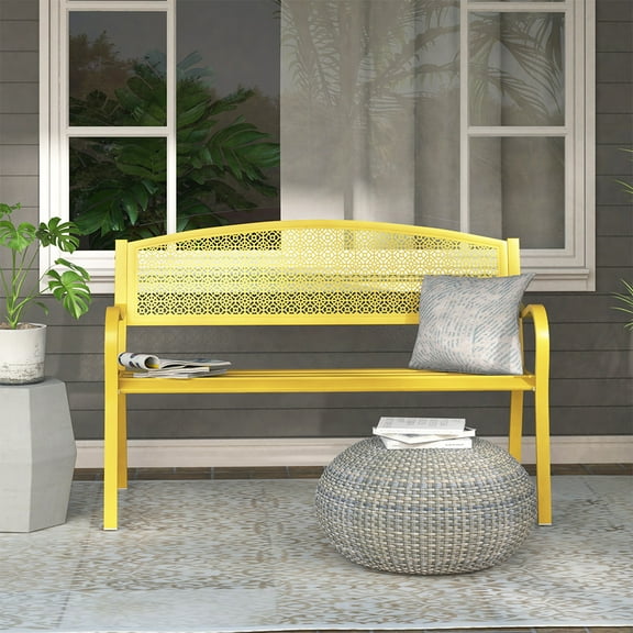 Abble High Back Outdoor Metal Garden Bench Steel Slat Patio Loveseat Park Bench for Porch Yard Lawn Patio Bench, Yellow