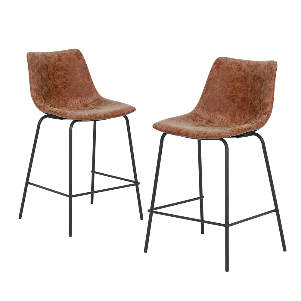 Abble 24 inch Bar Stools Set of 2, Faux Leather Upholstered Low Back Kitchen Counter Height Stools with Sled Base, Floor-Scratch Protection,  Camel