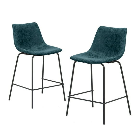 Abble 24 inch Bar Stools Set of 2, Faux Leather Upholstered Low Back Kitchen Counter Height Stools with Sled Base, Floor-Scratch Protection, Indigo Blue