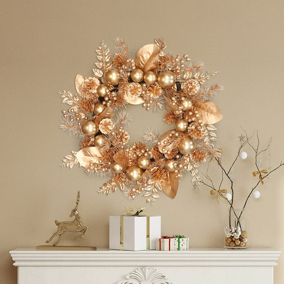 Abble 24" Indoor Outdoor Artificial Christmas Wreath - Decorated with Berries, Pinecones, Leaves, Balls for Wall Fireplace, Door, Window (Gold)