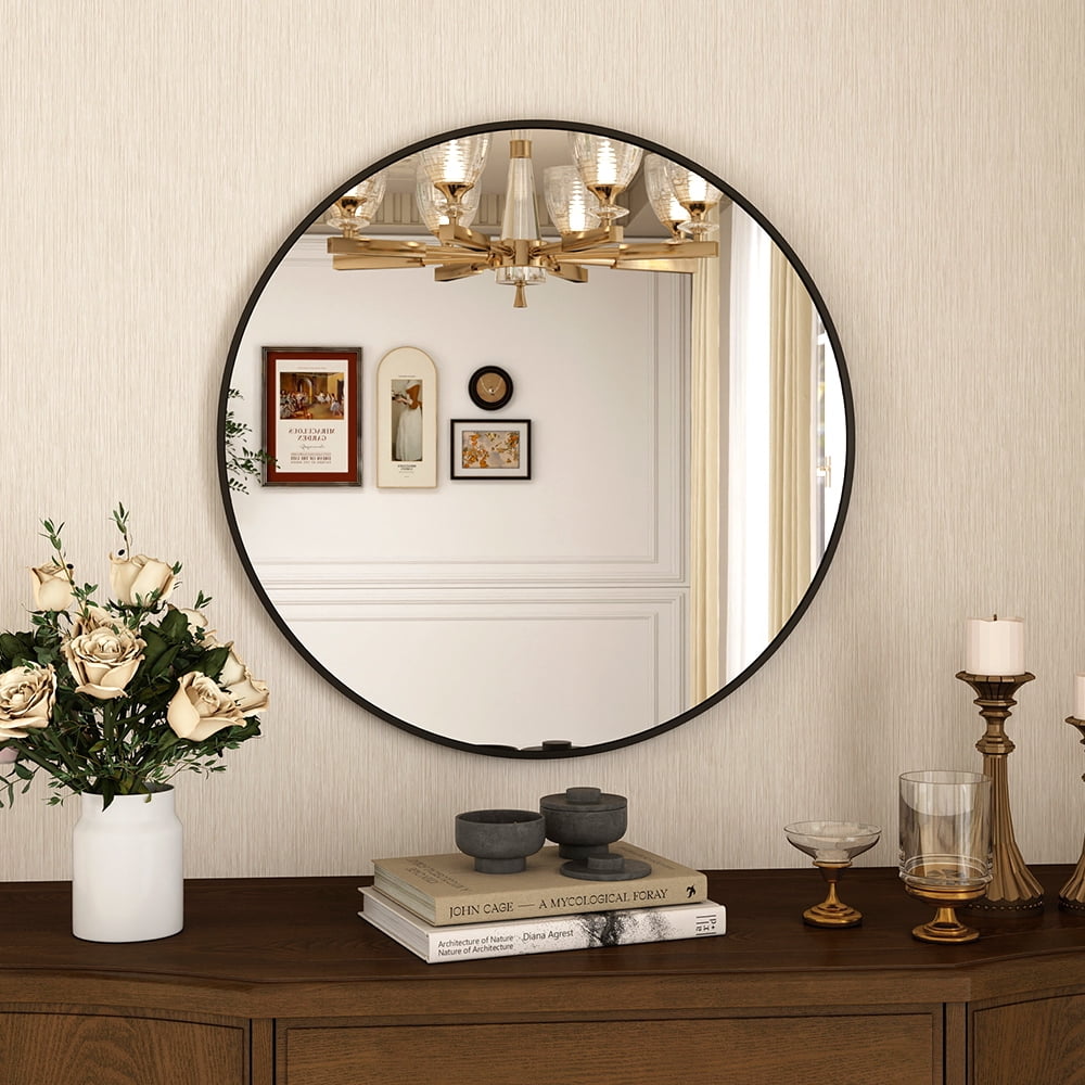 Abble 28" Wall Mirror Round Vanity Mirror Aluminium Framed Circle Bathroom Mirror Modern Wall Mirror, Black