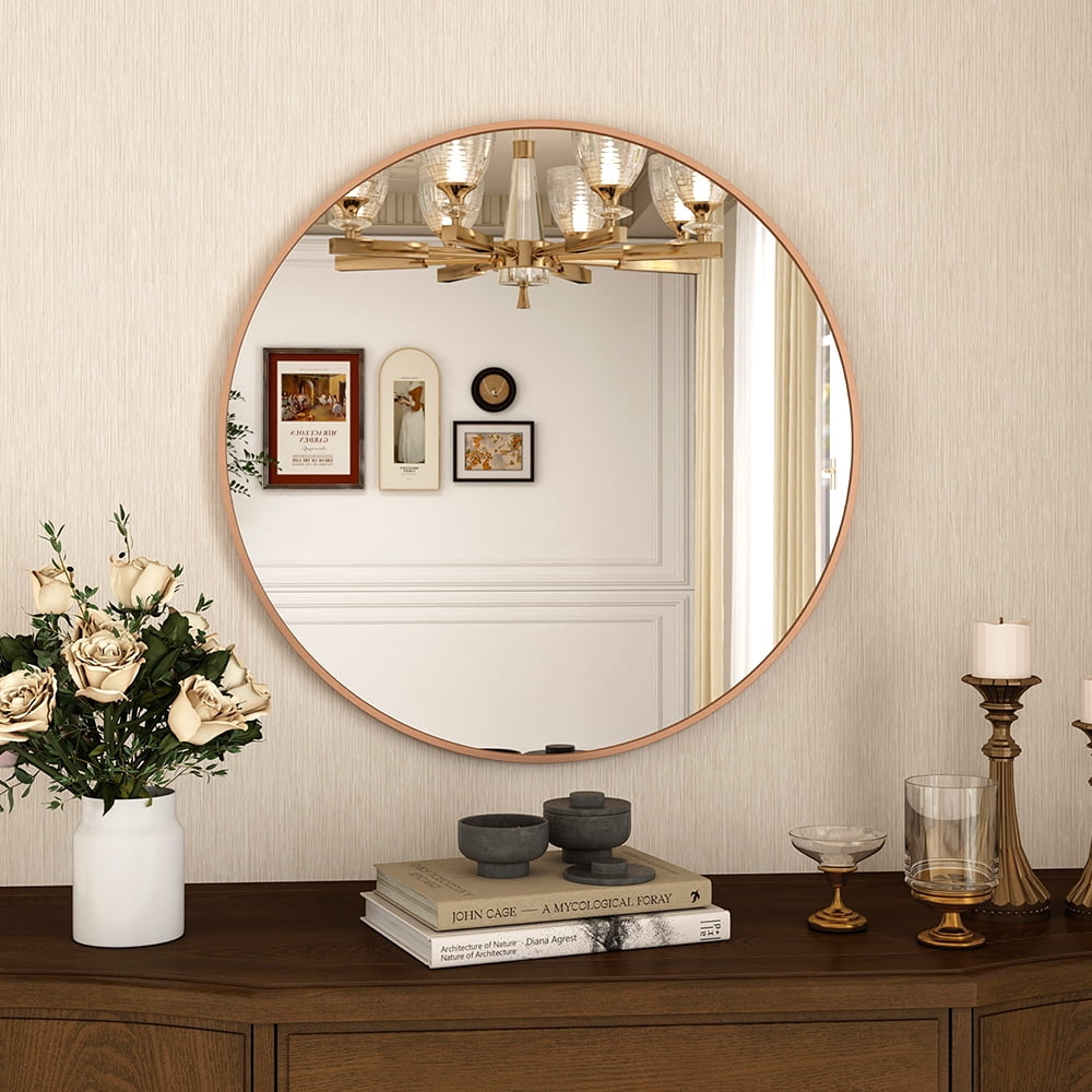 Abble 28" Wall Mirror Round Vanity Mirror Aluminium Framed Circle Bathroom Mirror Modern Wall Mirror, Gold