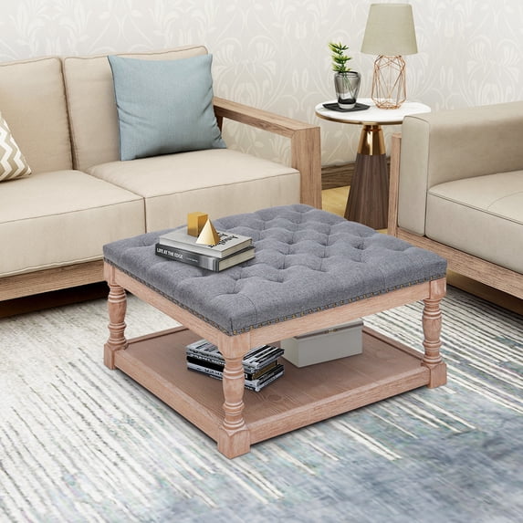 Abble 29" Gray Upholstered Wooden Shelved Tufted Square Cocktail Ottoman