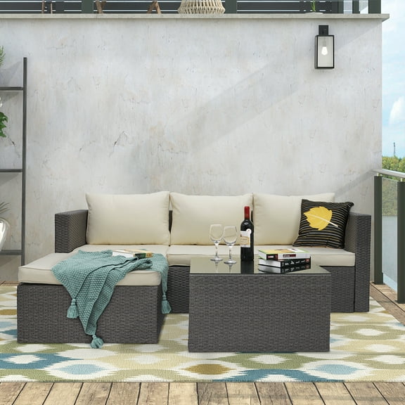 Abble 3 Piece Wicker Sectional Conversation Set with Cushions - Gray