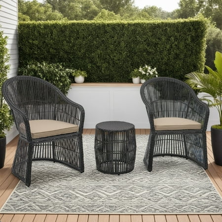 Abble 3 Pieces Patio Furniture Set Outdoor Patio Conversation Set Wicker Rattan 2-Person Seating Group Set with Coffee Table and Beige Cushions, Black