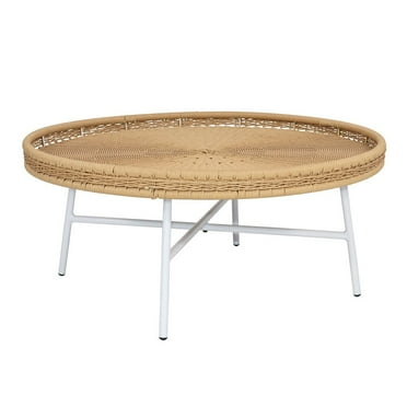 Abble 30” Wicker Indoor Outdoor Coffee Table with Metal Legs Round Patio  Side Table for Living Room, Patio, Garden, Backyard, Porch, Natural