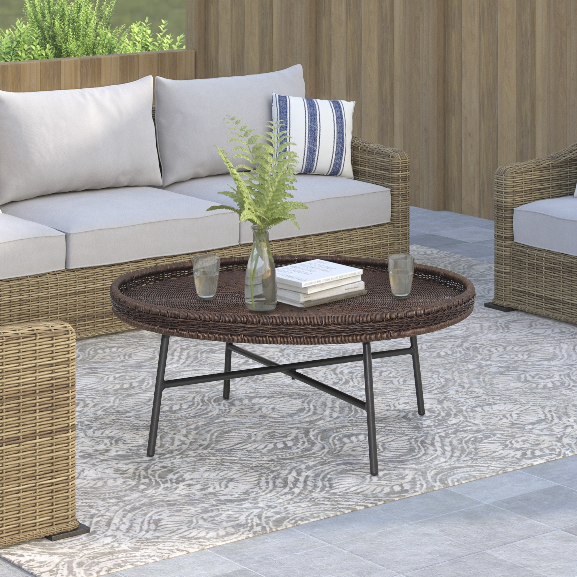 Abble 30” Round Dark Brown PE Wicker Coffee Table with Black Metal Legs,  Indoor or Outdoor use for Living Room, Patio, Garden, Backyard, Porch
