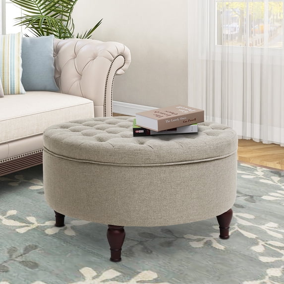 Abble 32" Beige Fabric Upholstered Buttons Tufted Round Storage Cocktail Ottoman
