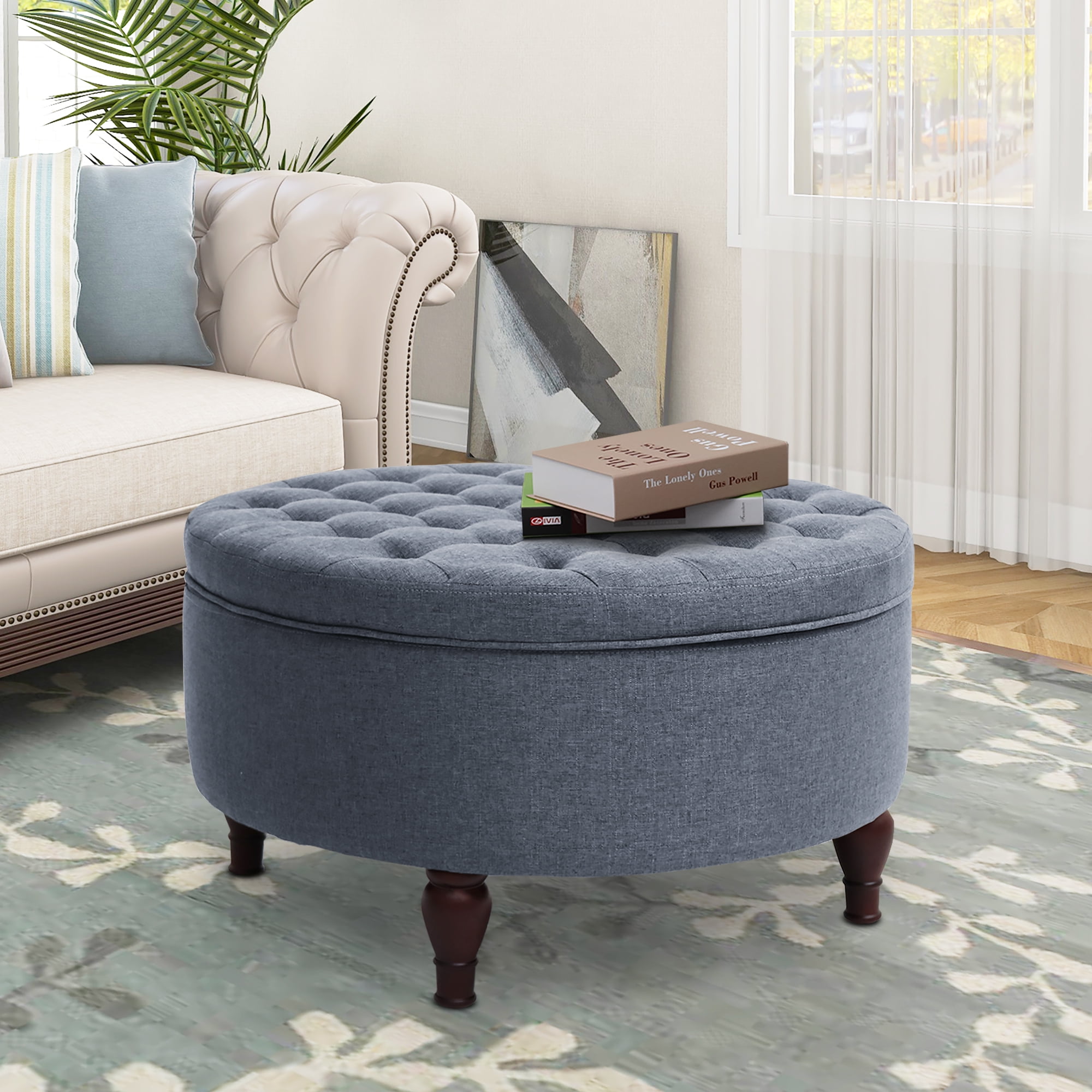 Abble Diameter 32 inch Denim Blue Fabric Upholstered Buttons Tufted Round Storage Cocktail Ottoman Walmart