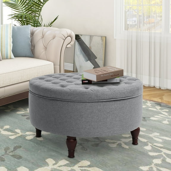 Abble 32" Gray Fabric Tufted Round Storage Cocktail Ottoman