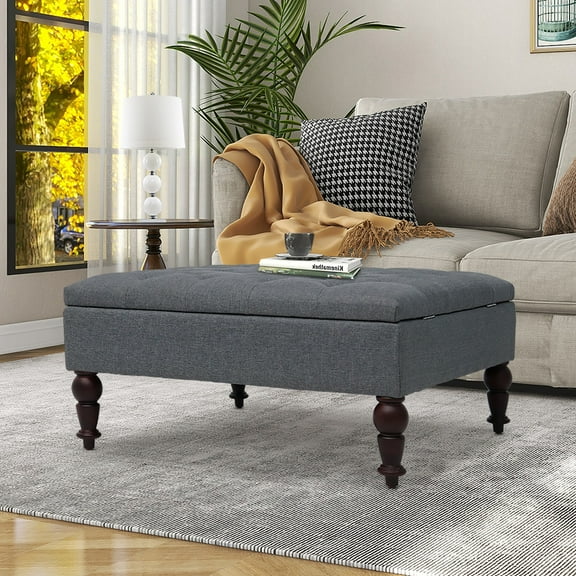 Abble 33.8 in. Gray Fabric Upholstered Buttons Tufted Square Storage Ottoman in Traditional Style