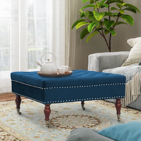 Abble 34in Square Navy Blue Tufted Upholstered Indoor Cocktail Ottoman Living Room Coffee Table with Wheels