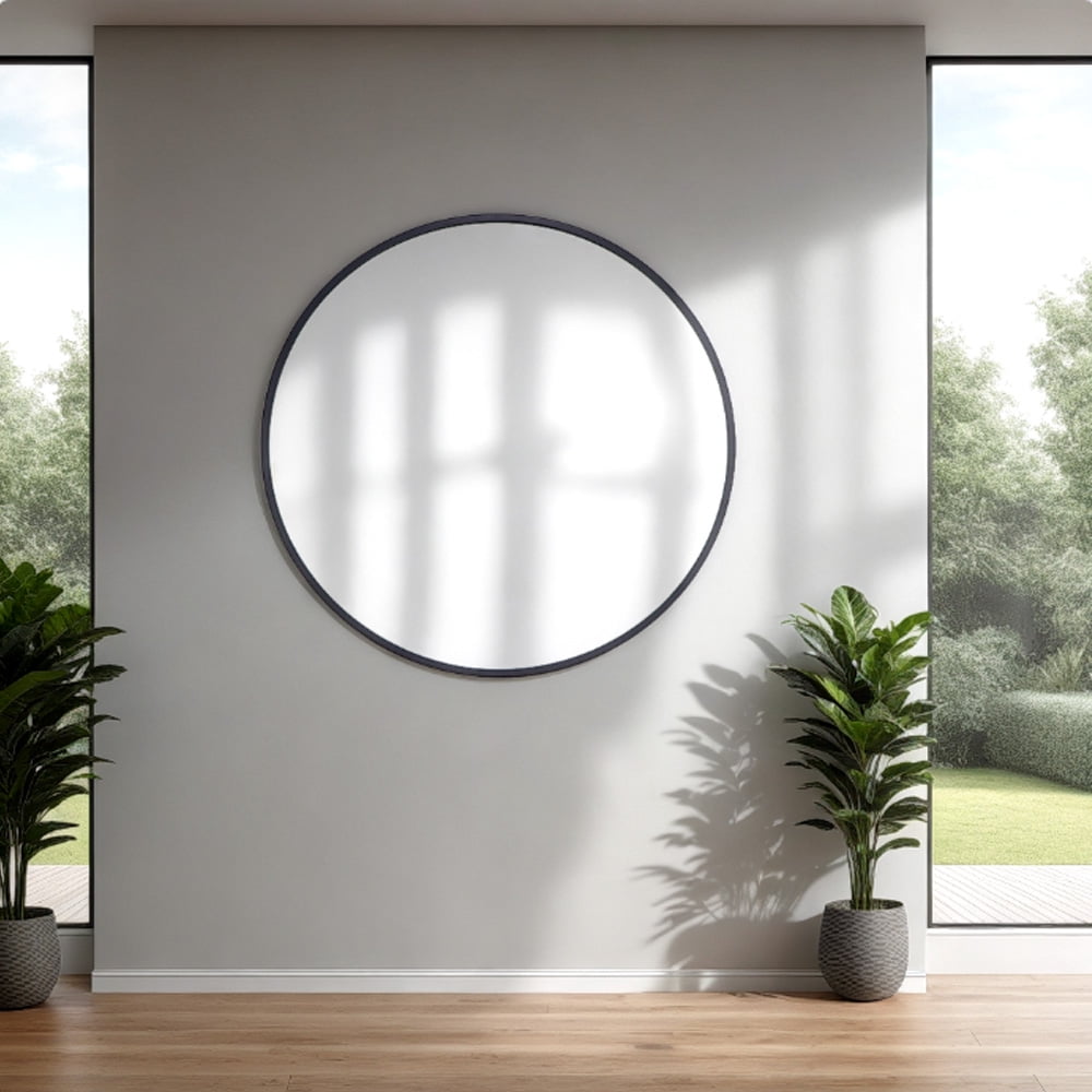 Abble 36" Wall Mirror Round Vanity Mirror Aluminium Framed Circle Bathroom Mirror Modern Wall Mirror, Black