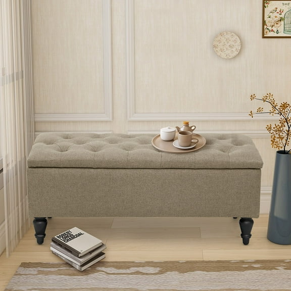 Abble 38'' Ottoman with Upholstered Storage Bench Long End of Bed Seat with Storage Large Hinged Storage Ottoman Bench Bedroom Bench with Button for Bedroom Living Room Entryway, Beige