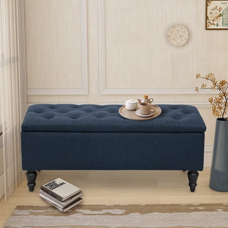 Abble 38'' Ottoman with Storage Bench Bed Seat with Storage Large Hinged Upholstered Storage Ottoman Bench with Button for Bedroom Living Room Entryway, Denim Blue