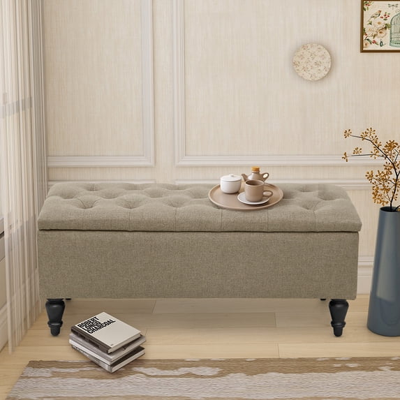 Abble 38'' Ottoman with Upholstered Storage Bench Long End of Bed Seat with Storage Large Hinged Storage Ottoman Bench Bedroom Bench with Button for Bedroom Living Room Entryway, Beige
