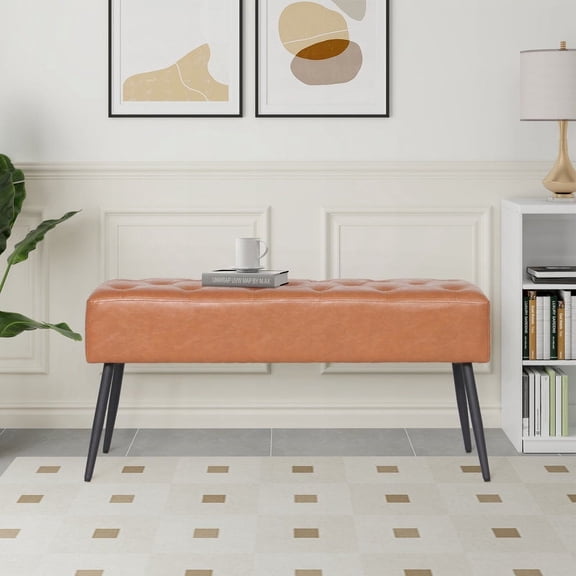 Abble 38" Wide Upholstered Entryway Bench, Tufted Ottoman Bench, Small Bed Room Bench, Casual Dining Room Bench, Brown