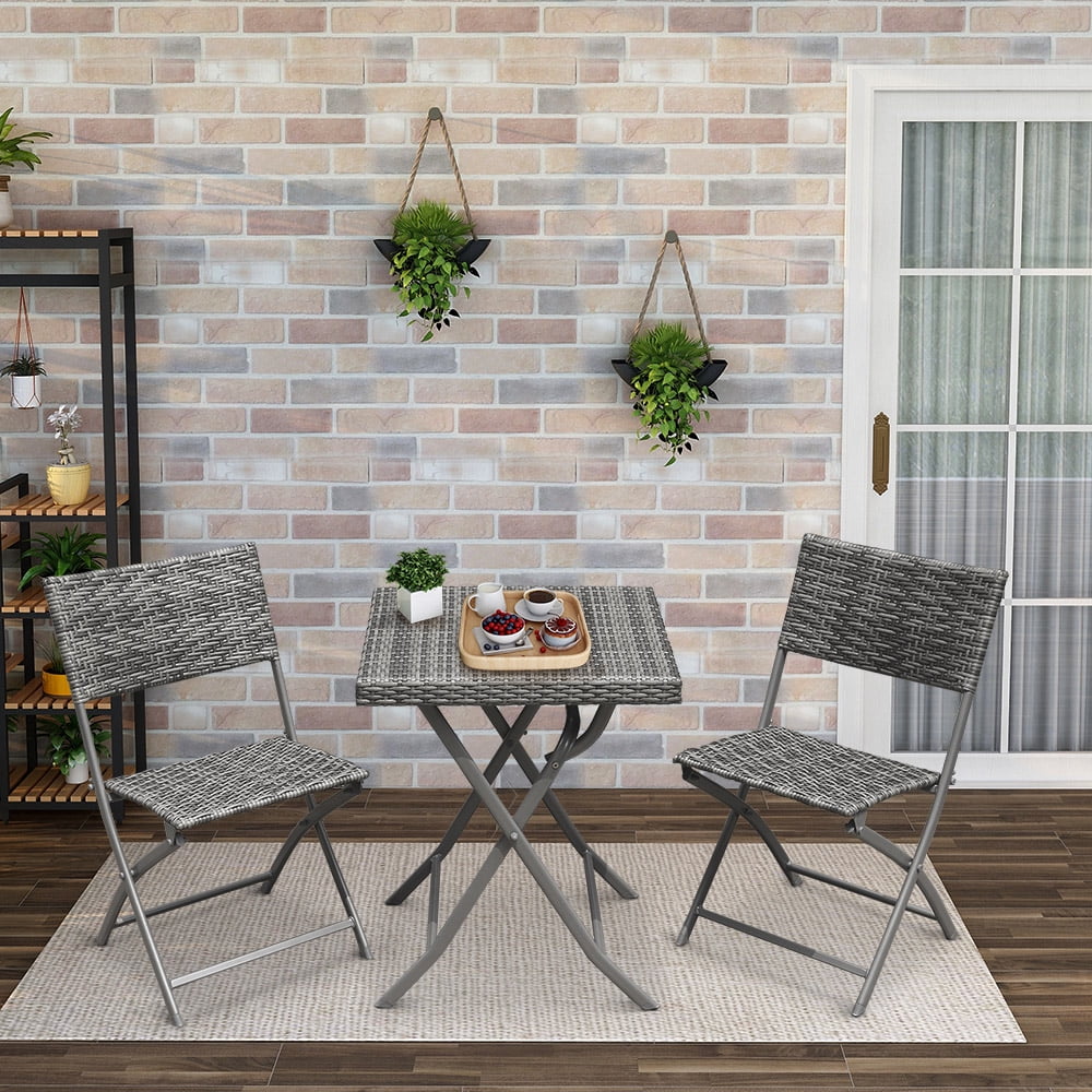 Abble 3pcs Outdoor Wicker Folding Set Patio Folding Chairs and Table Set for Garden - Gray