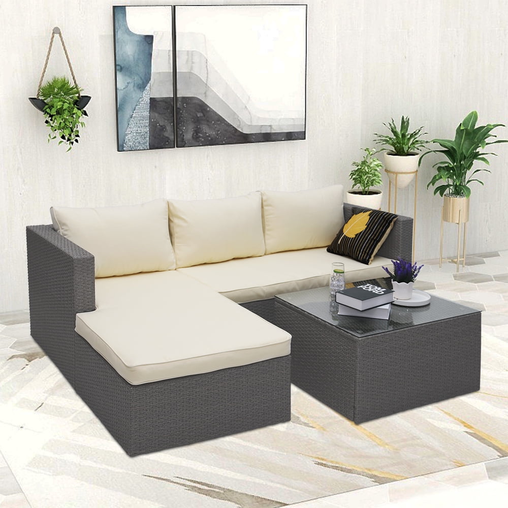 Abble 3pcs Patio Furniture Set Outddor Wicker Sectional Set Conversation Sofa Set with Cushions-Gray