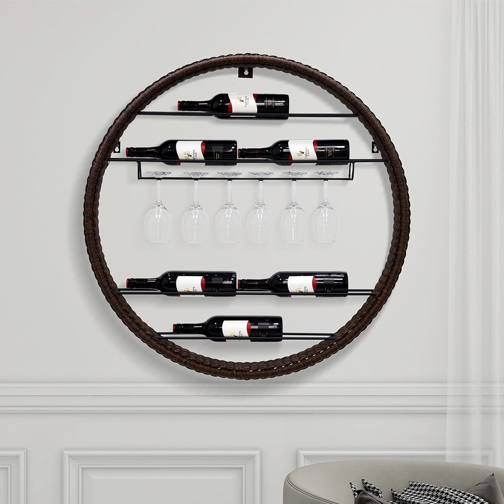 Abble 6 Bottle Wall Mounted Indoor Decorative Wicker Wine Rack with Glass Holder for Home Bar, Living Room, Dining Room