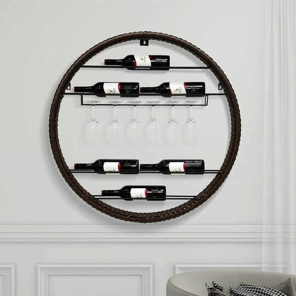 Abble 6 Bottle Wall Mounted Indoor Decorative Wicker Wine Rack with Glass Holder for Home Bar, Living Room, Dining Room