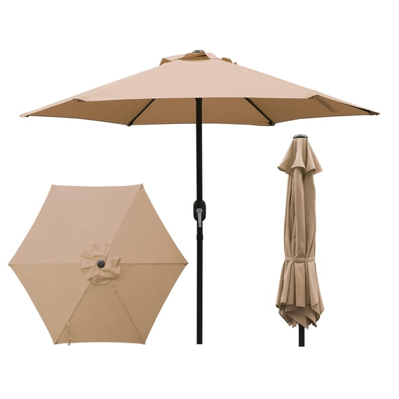Abble 7.5ft Patio Umbrella with Crank Handle Outdoor Market Umbrella with 6 Sturdy Umbrella Ribs Waterproof for Garden Deck Backyard Pool, Tan