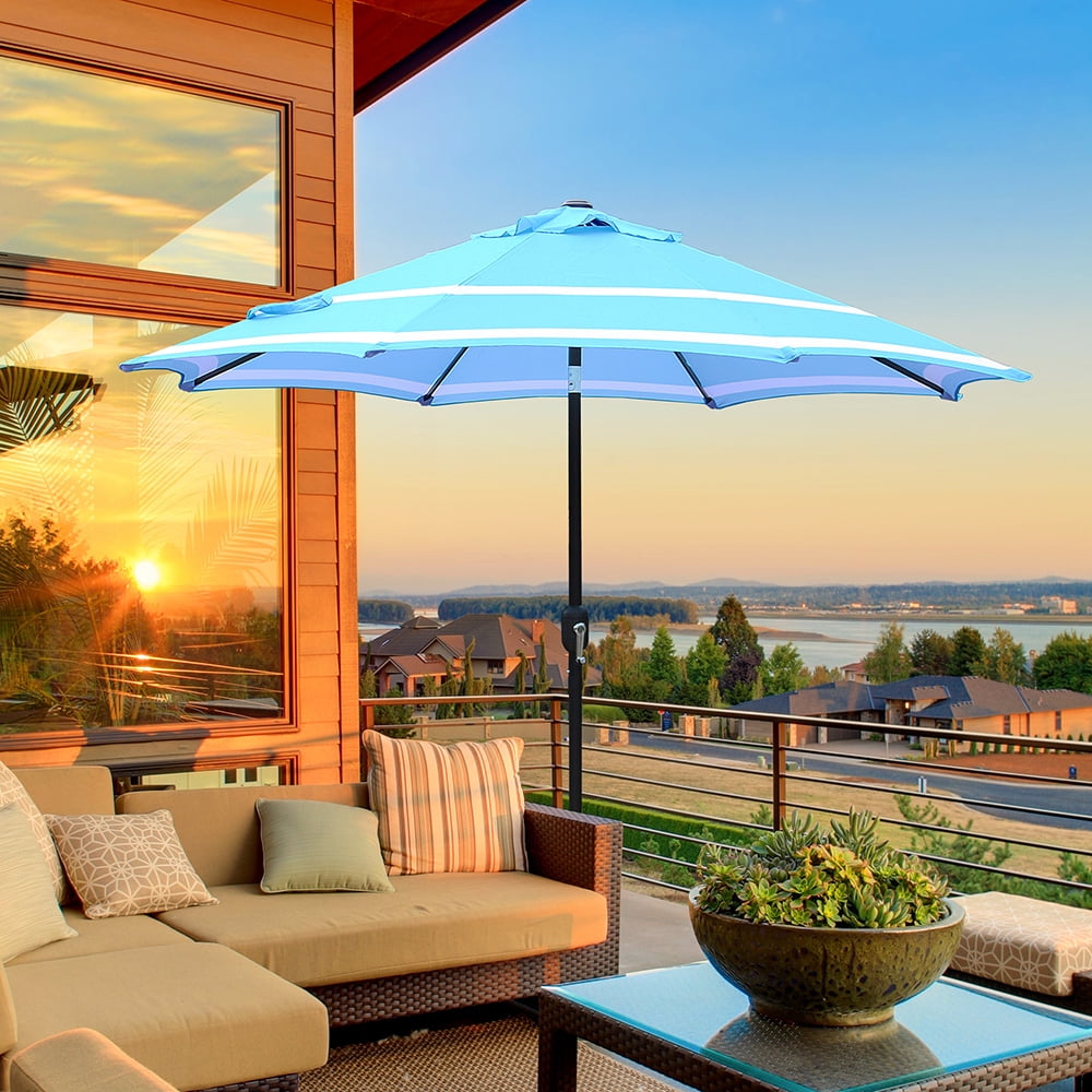Abble 9 ft Aqua and White Striped Octagon Market Patio Umbrella, Adjustable Tilt
