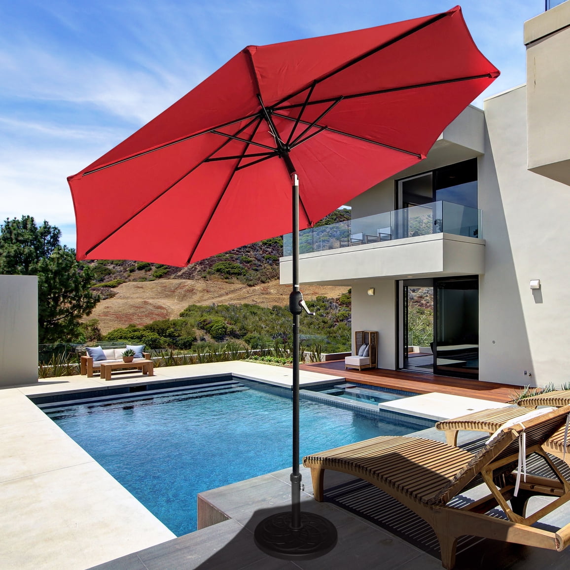 Abble 9FT Outdoor Patio Umbrella with Push Button Tilt and Crank Handle, Market Umbrella with 8 Sturdy Umbrella Ribs, Waterproof for Garden, Deck, Backyard, Pool, Red