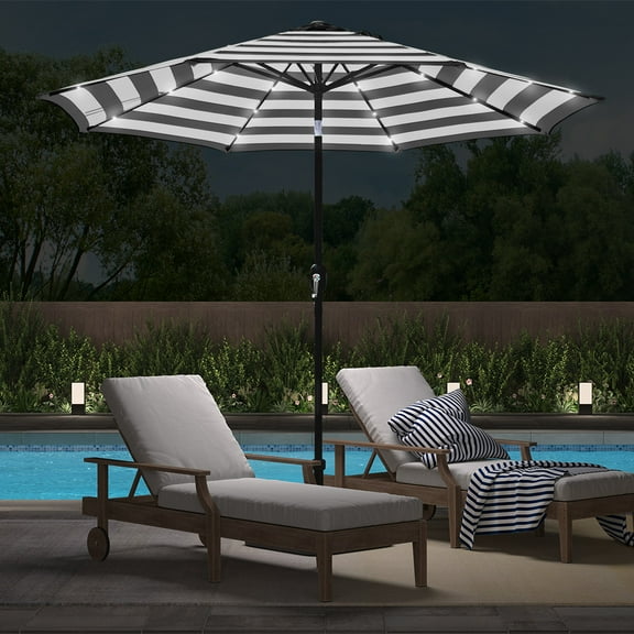 Abble 9ft Black and White Solar LED Lighted Outdoor Patio Umbrella, Adjustable Tilt