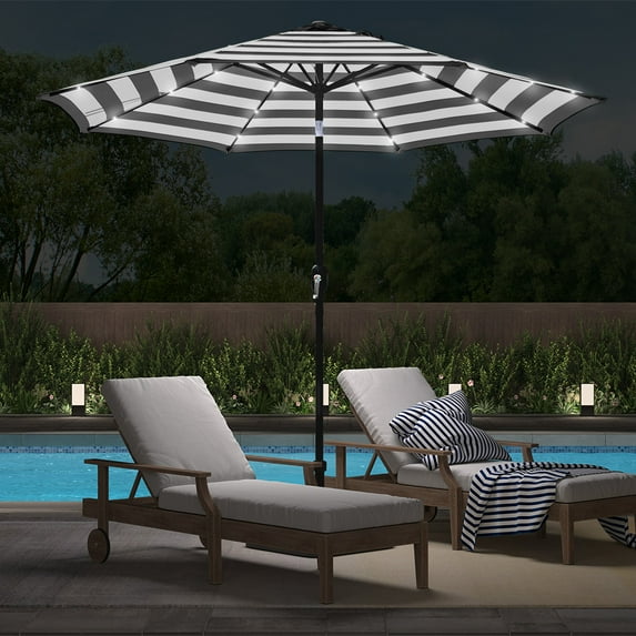 Abble 9ft Black and White Solar LED Lighted Outdoor Patio Umbrella, Adjustable Tilt