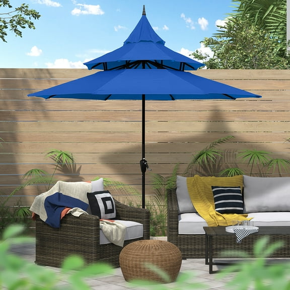 Ultrashades 9ft Patio Umbrella with Crank 3-Tier Pagoda Outdoor Market Umbrella with 8 Ribs, Blue
