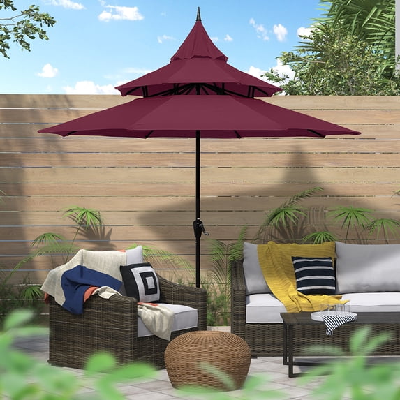 Abble 9ft Patio Umbrella with Crank 3-Tier Pagoda Outdoor Market Umbrella with 8 Ribs for Garden Deck Backyard Pool, Burgundy