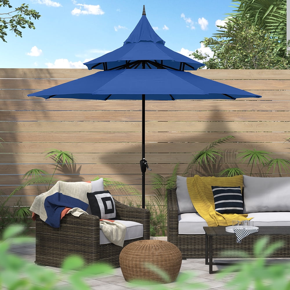 Ultrashades 9ft Patio Umbrella with Crank 3-Tier Pagoda Outdoor Market Umbrella with 8 Ribs, Navy