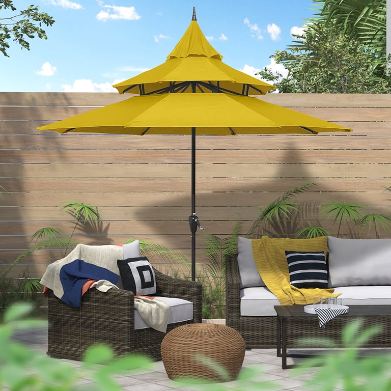 3 foot patio umbrella Ultrashades 9ft Patio Umbrella with Crank 3-Tier Pagoda Outdoor Market  Umbrella with 8 Ribs, Yellow