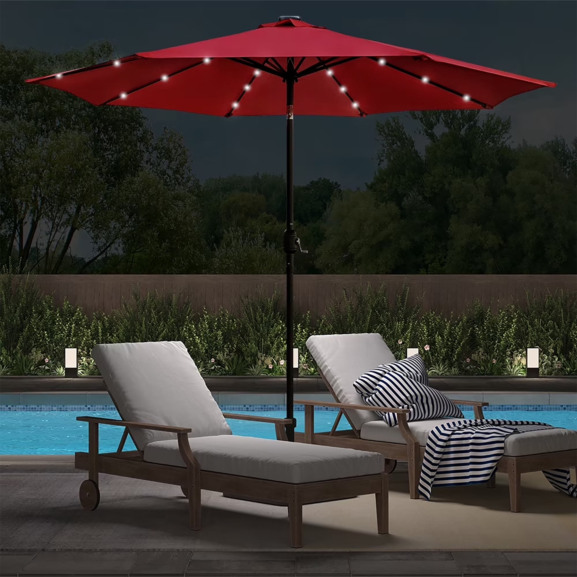 ULTRASHDE 9ft Solar LED Lighted Patio Umbrella, Table Market Umbrella, Outdoor Umbrella for Garden, Deck, Backyard, Pool and Beach, Red