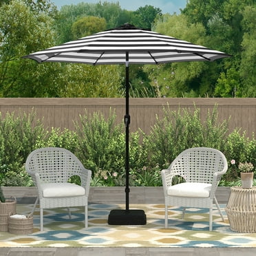 Abble 9FT Outdoor Patio Umbrella with Push Button Tilt and Crank Handle, Market Umbrella with 8 Sturdy Umbrella Ribs, Waterproof for Garden, Deck, Backyard, Pool, Black/White Stripes