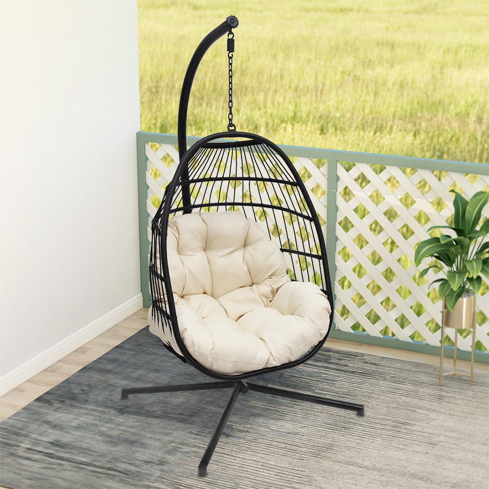 Abble Indoor Outdoor Wicker Hanging Egg Chair with Stand, Foldable Swing Chair with Cushion, Beige