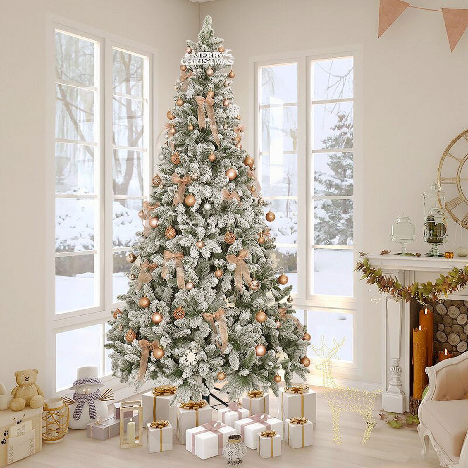 Abble Clear Prelit Incandescent Green Flocked Spruce Artificial Christmas Tree, 7'