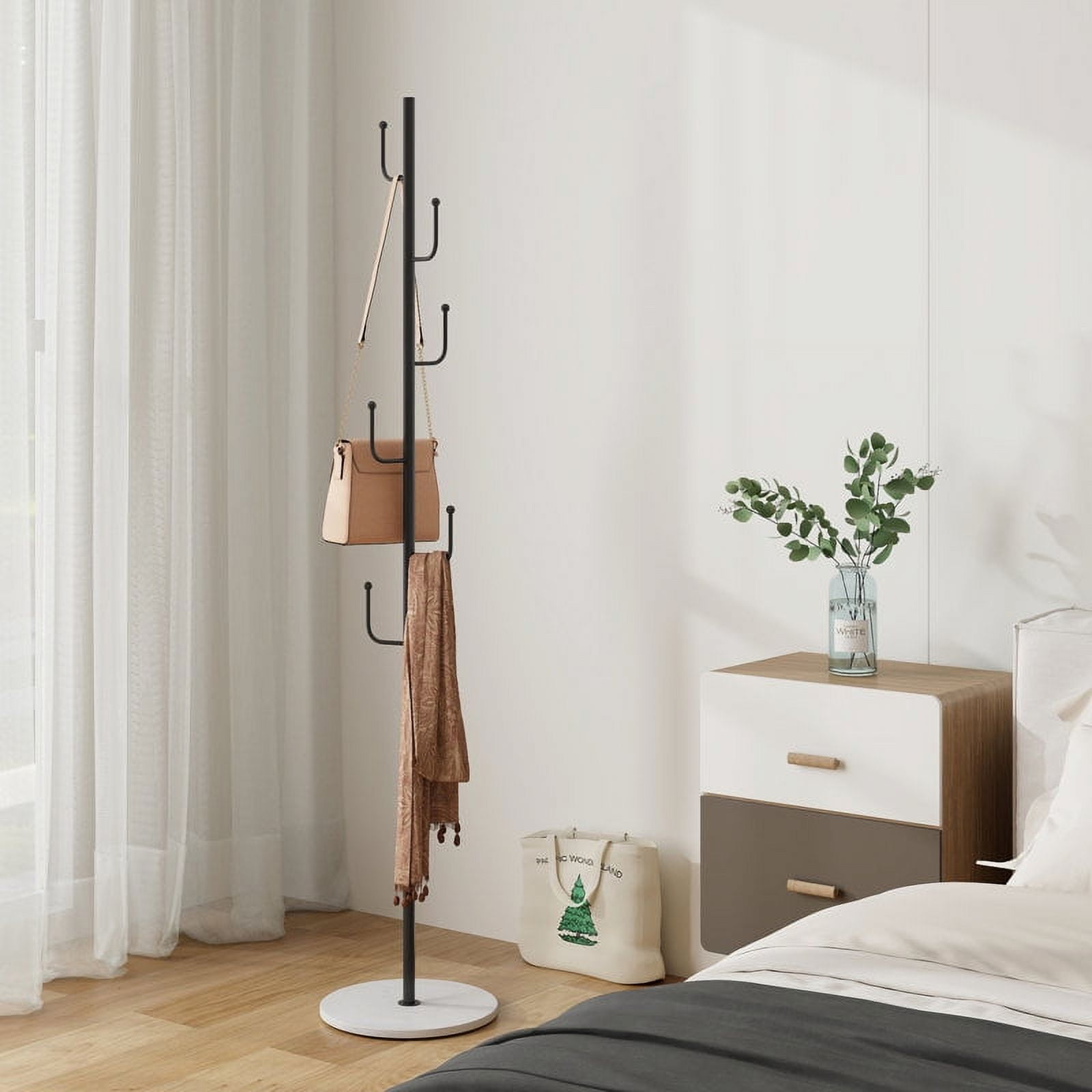 Abble Coat Rack 6 Hooks 64.5 in Freestanding Metal Coat Rack Coat and Hat Hanger Organizer Rack Garment Stand with White Stone Base for Home, Office, Entryway, Hallway, Black
