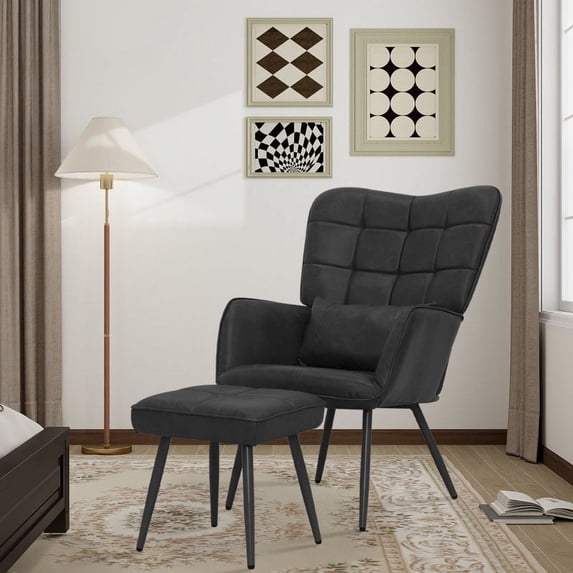 Abble Faux Leather Accent Chair with Ottoman and Toss Pillow for Living Room, Bed Room, Black