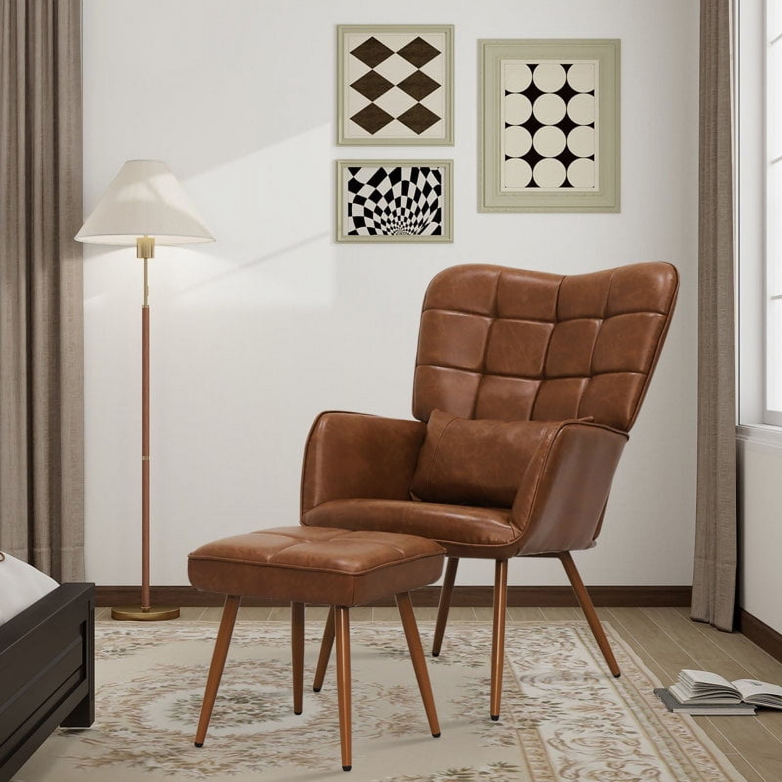 Abble Faux Leather Accent Chair with Ottoman and Toss Pillow for Living Room, Bed Room, Brown