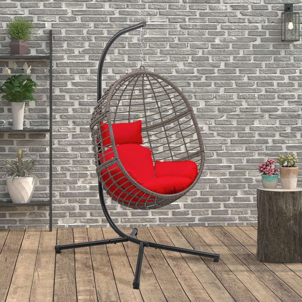 Abble Indoor Outdoor Wicker Hanging Egg Chair with Stand, Gray Swing Chair with Red Cushion