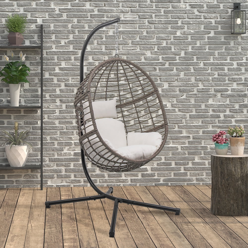 Abble Gray Wicker Hanging Swing Chair with Cushion and Stand - Aqua