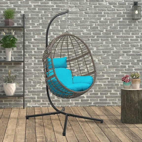 Abble Gray Wicker Hanging Swing Chair with Cushion and Stand - Aqua