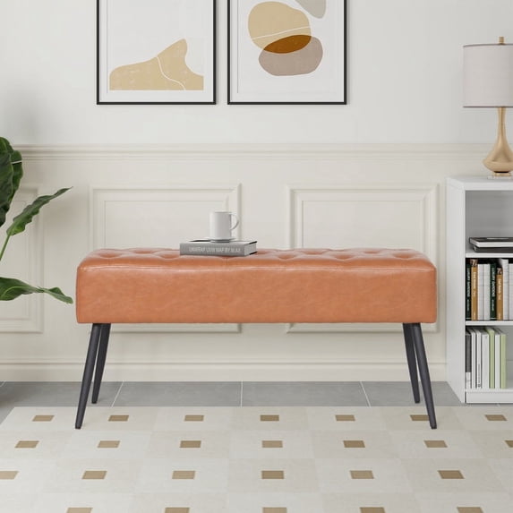 Abble 38" Wide Upholstered Entryway Bench, Tufted Ottoman Bench, Small Bed Room Bench, Casual Dining Room Bench, Brown