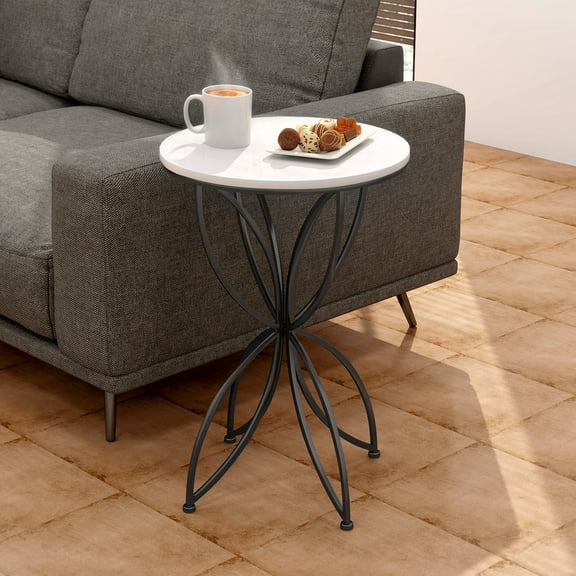 Abble  H 24 in. x Dia. 15.7 in. White Quartz Stone Table Top Accent Table with Black Metal Base